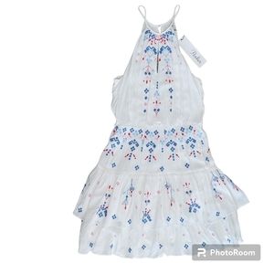 Parker White and Blue Embroidered Mini Dress